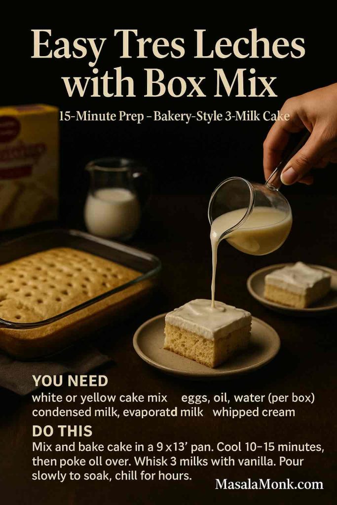 Recipe card for Easy Tres Leches Cake with Box Mix, showing a hand pouring three-milk mixture over a slice beside a poked sheet cake, with overlay text listing ingredients and simple step-by-step instructions