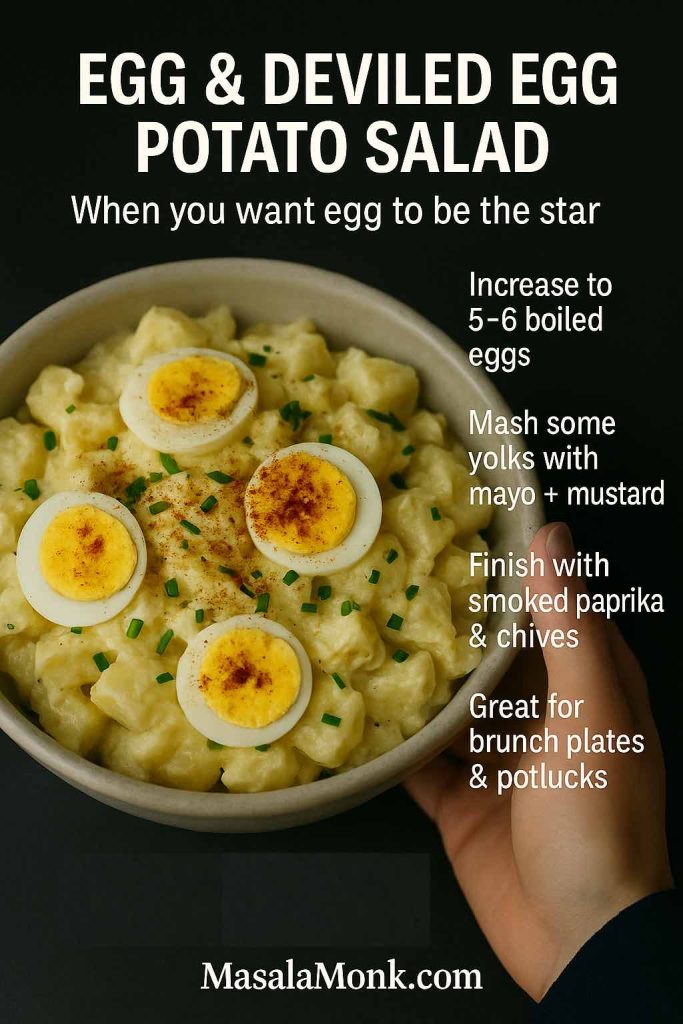 Recipe card showing a creamy potato and egg salad topped with sliced hard-boiled eggs, smoked paprika and chives, with tips to increase eggs, mash some yolks with mayo and mustard, and serve as a deviled egg style potato salad for brunch or potlucks.