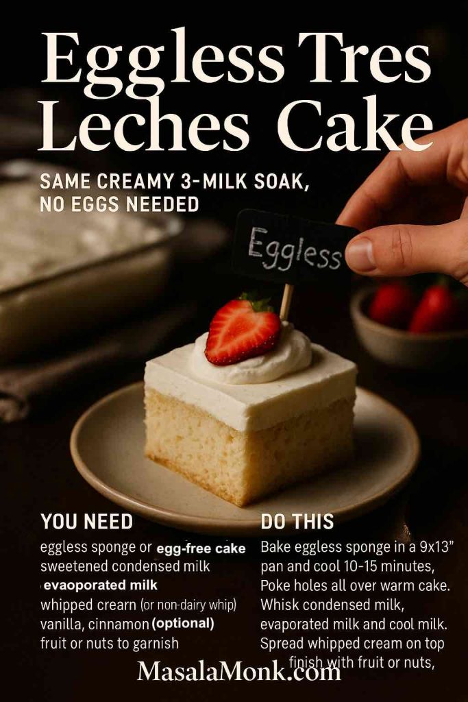 Recipe card for Eggless Tres Leches Cake showing a slice of three-milk sponge topped with whipped cream and a strawberry while a hand places an Eggless sign, with ingredients and simple step-by-step instructions below