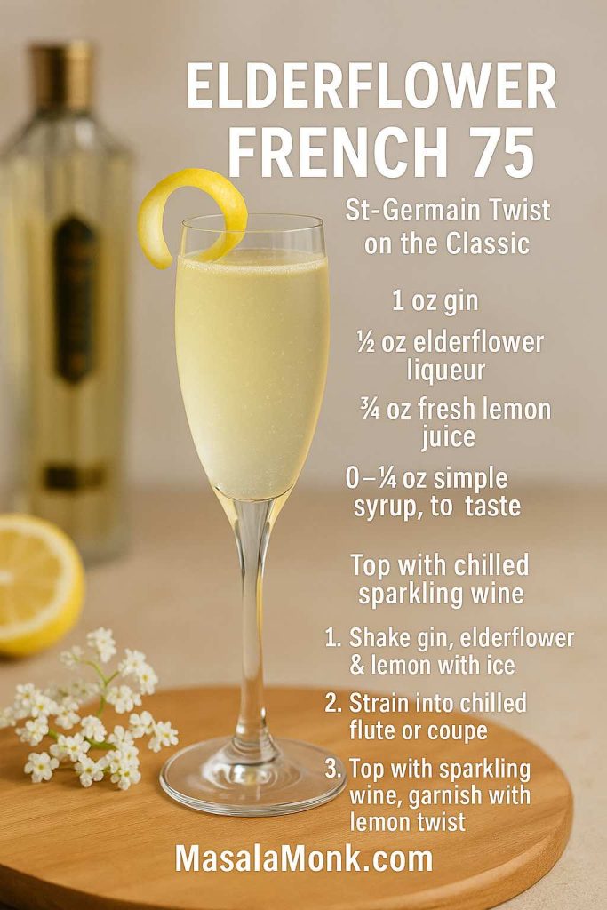 Elderflower French 75 cocktail recipe card showing a pale golden drink in a slender champagne flute with lemon twist and white blossoms, plus text listing gin, elderflower liqueur, lemon juice, optional simple syrup, sparkling wine and three simple preparation steps.