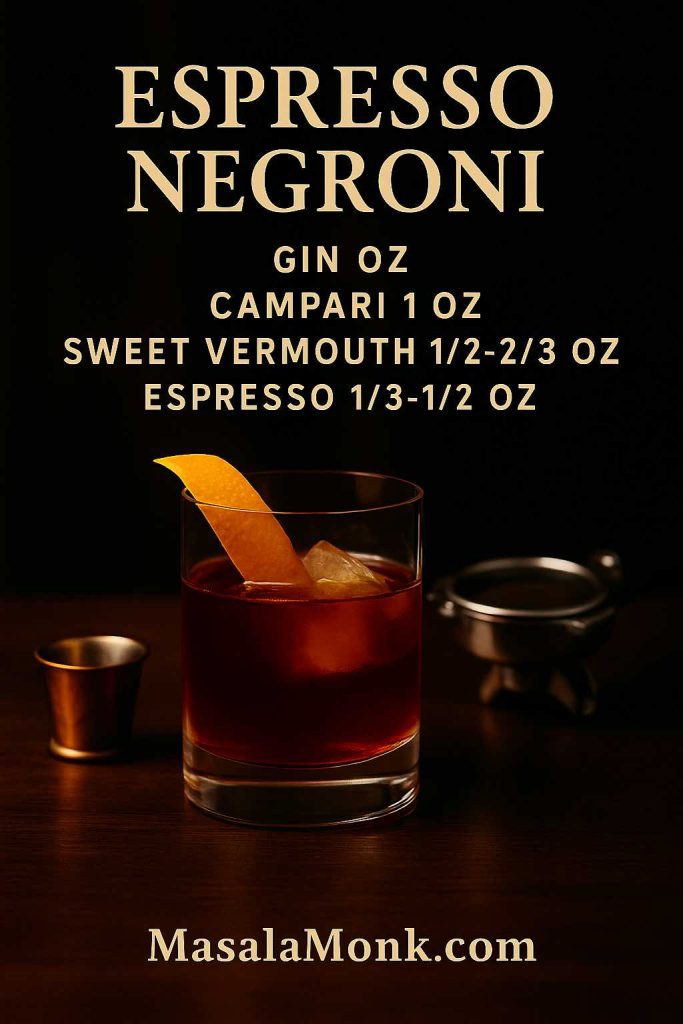 Espresso Negroni recipe card—30 ml gin, 25–30 ml Campari, 15–20 ml sweet vermouth, 10–15 ml cooled espresso—stirred over a large cube with orange peel; portafilter and copper cup.