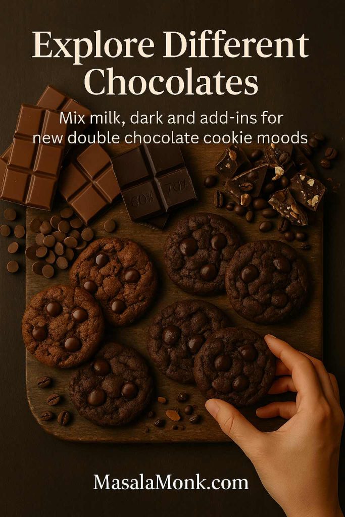Assorted milk chocolate bars, 60% and 70% dark chocolate, nut-studded chocolate pieces and double chocolate cookies on a wooden board, with a hand picking up a cookie and text reading Explore Different Chocolates – Mix milk, dark and add-ins for new double chocolate cookie moods.