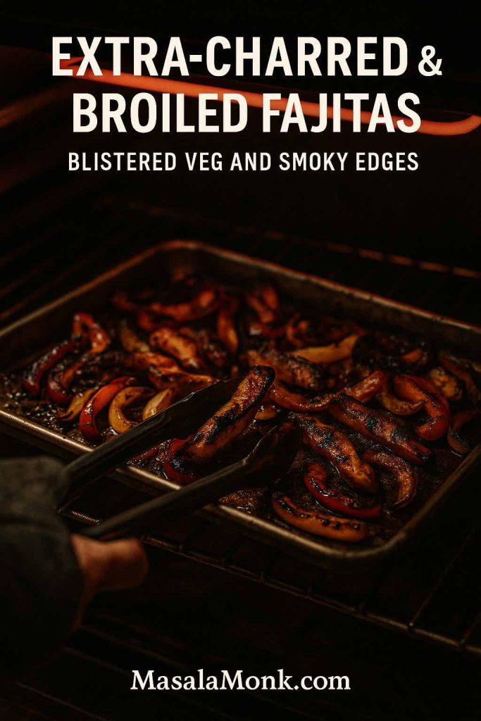 Sheet pan of extra-charred broiled chicken fajitas with blistered bell peppers and onions being pulled from under the oven broiler with tongs.