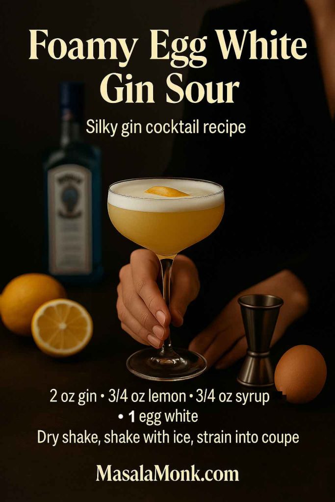Foamy egg white gin sour cocktail in a coupe glass with lemon garnish, bartender’s hand holding the stem, lemons, egg and jigger on a dark bar, with mini gin cocktail recipe text and MasalaMonk.com branding