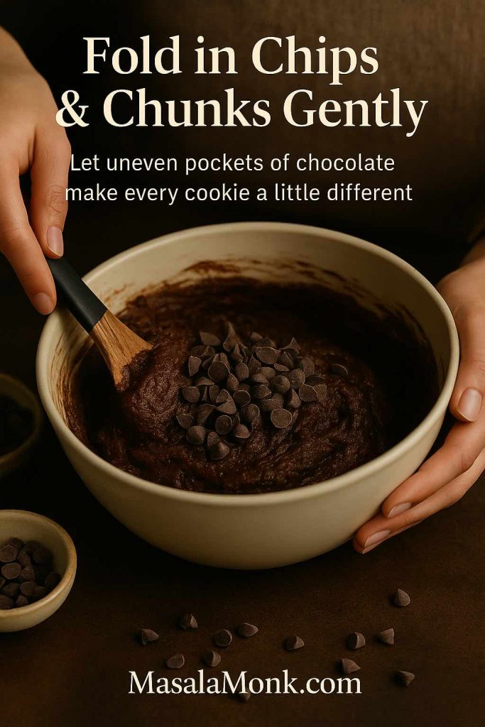 Hands folding a pile of chocolate chips into thick double chocolate cookie dough in a cream bowl, with extra chips scattered on the table, showing how to add chocolate to the cookie base.