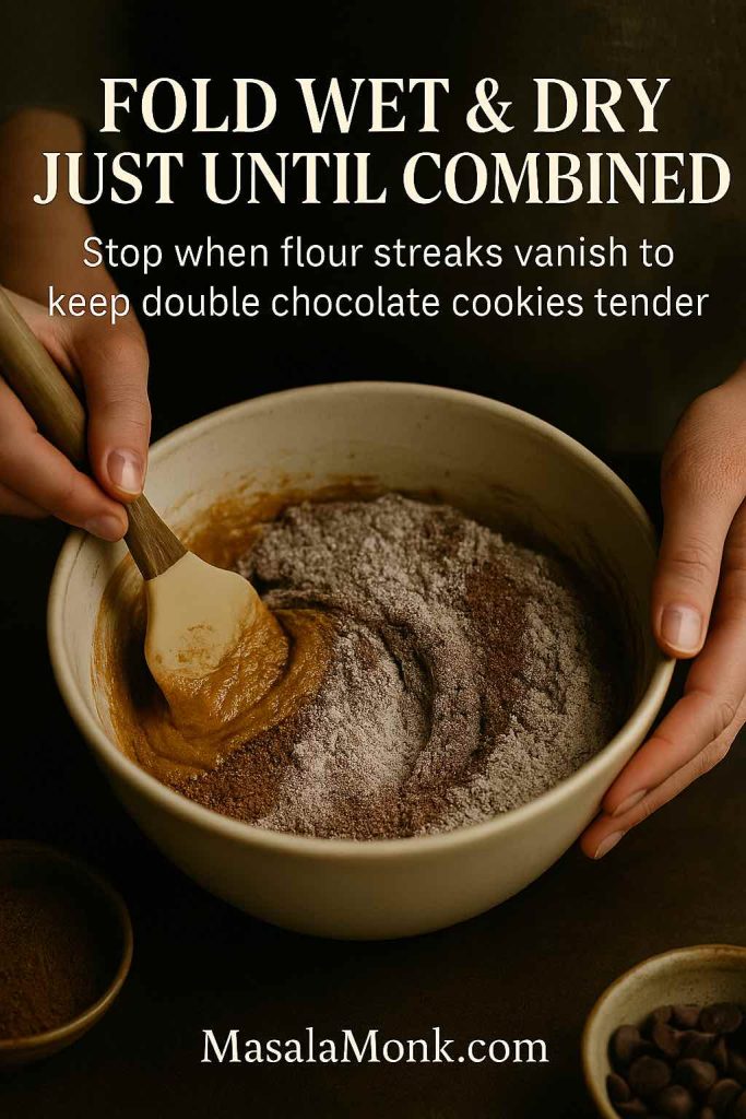 Hands using a spatula to fold cocoa and flour into a golden batter in a ceramic bowl, with text reminding to stop when flour streaks disappear to keep double chocolate cookies tender.
