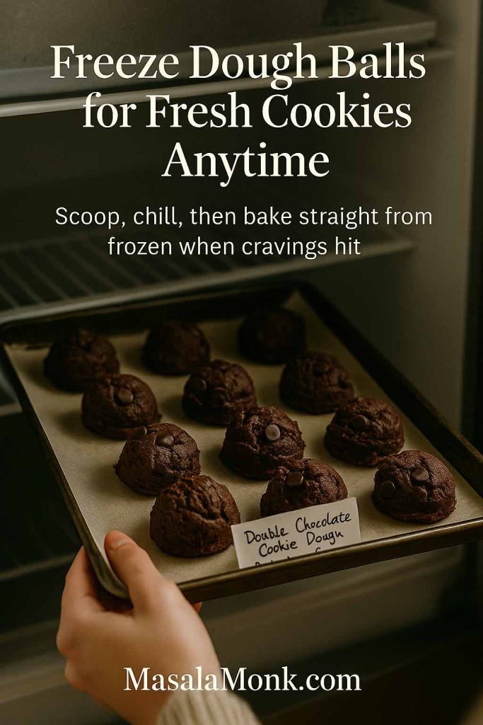Hands sliding a tray of double chocolate cookie dough balls labeled Double Chocolate Cookie Dough into the freezer, with on-image text explaining they can be baked straight from frozen for fresh cookies anytime.
