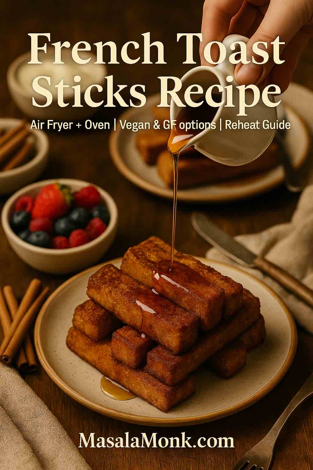 French toast sticks recipe cover with maple syrup poured over a crispy stack; air fryer and oven methods with vegan and gluten-free options.