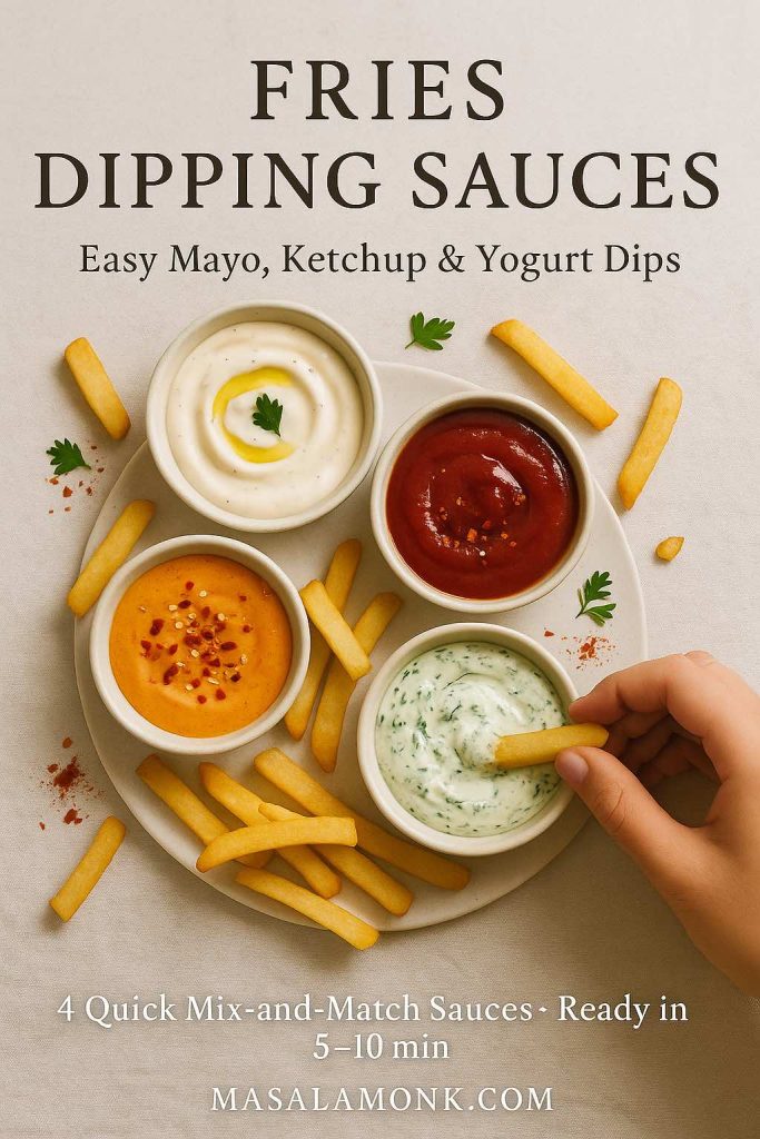 Four quick fries dipping sauces – garlic mayo, smoky ketchup, spicy mayo and herb yogurt – so you can switch up the flavour of every MasalaMonk fries night in minutes.