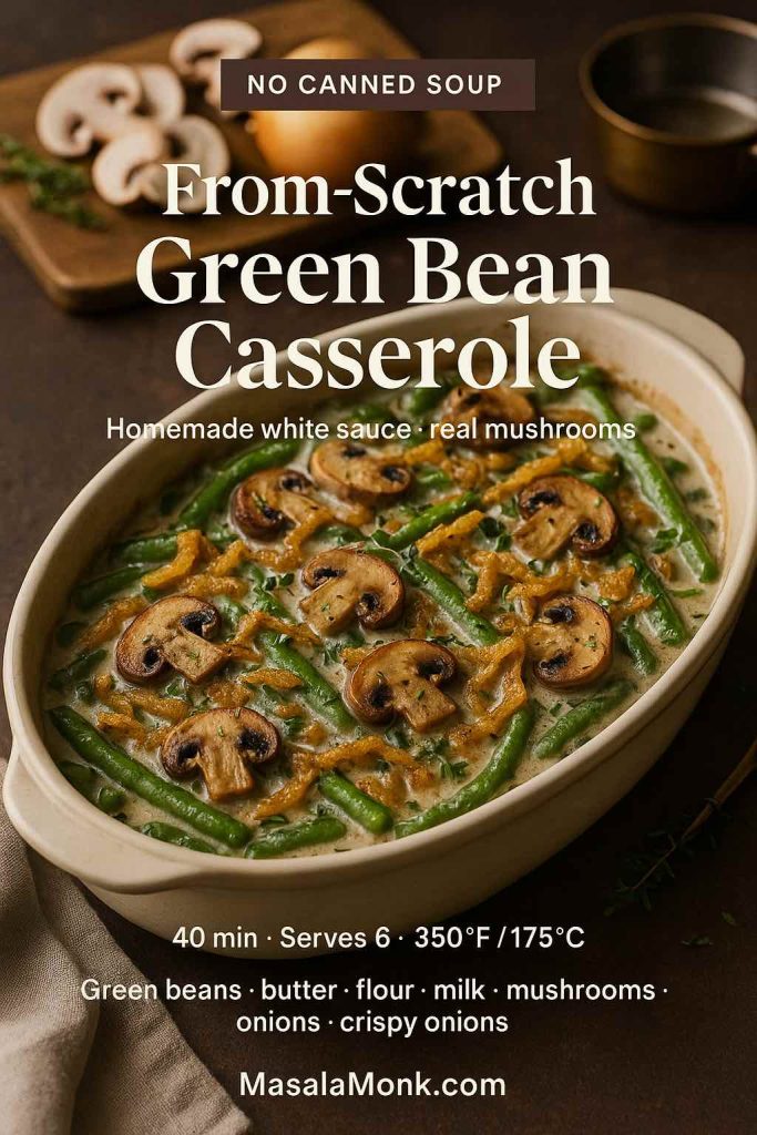 From-scratch green bean casserole in an oval cream baking dish with visible green beans, sautéed mushrooms and crispy onions on top, with text overlay reading “No Canned Soup” and MasalaMonk.com branding.