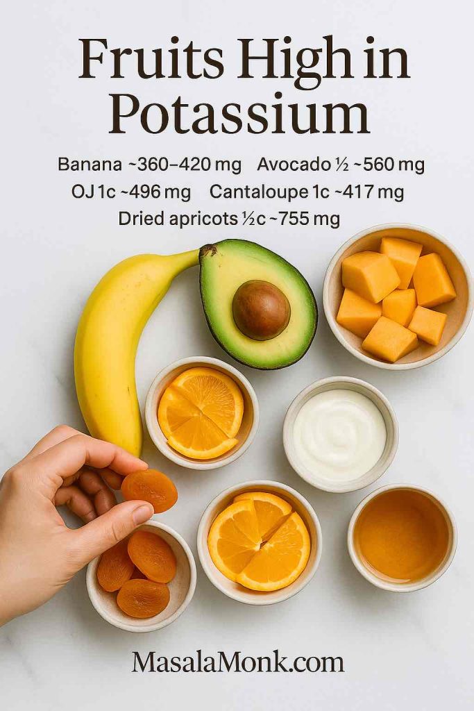 Fruits high in potassium—banana, half avocado, cantaloupe cubes, orange slices, dried apricots, and a bowl of yogurt; overlay with serving-based potassium values.