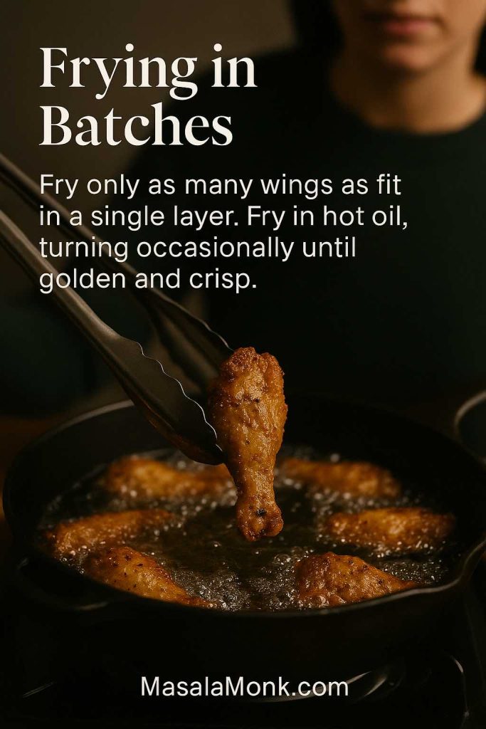 Portrait image of chicken wings frying in hot oil in a skillet while a pair of tongs lifts a golden drumette above the surface, with text overlay titled Frying in Batches.