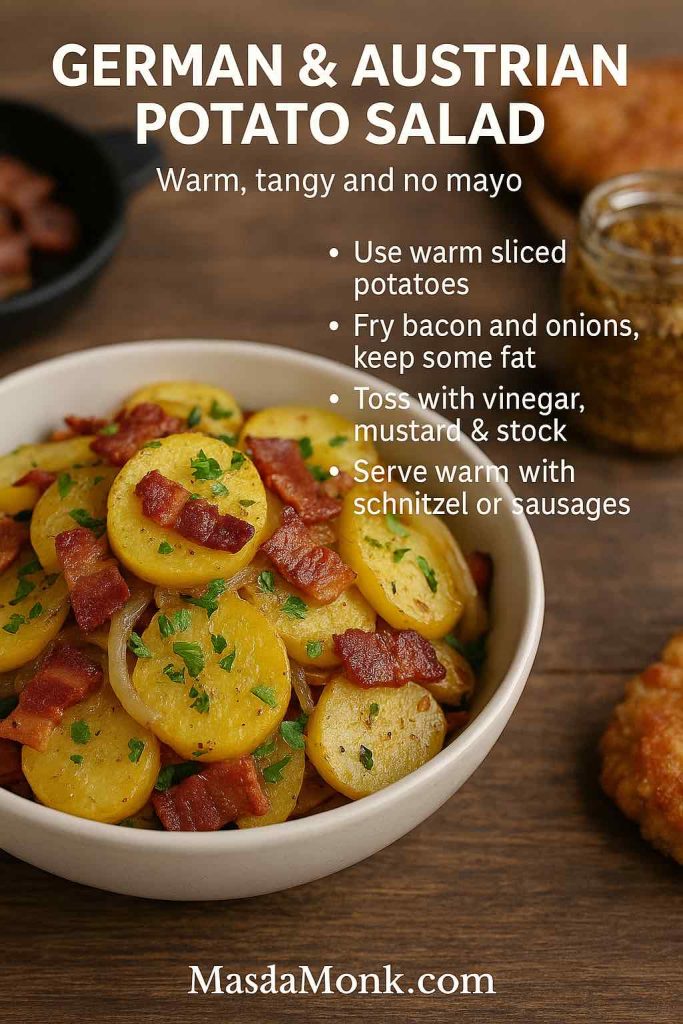 Recipe card showing a bowl of warm German and Austrian potato salad with sliced potatoes, crispy bacon and parsley in a tangy vinegar and mustard dressing, plus tips to use warm sliced potatoes, fry bacon and onions, toss with vinegar, mustard and stock, and serve with schnitzel or sausages.
