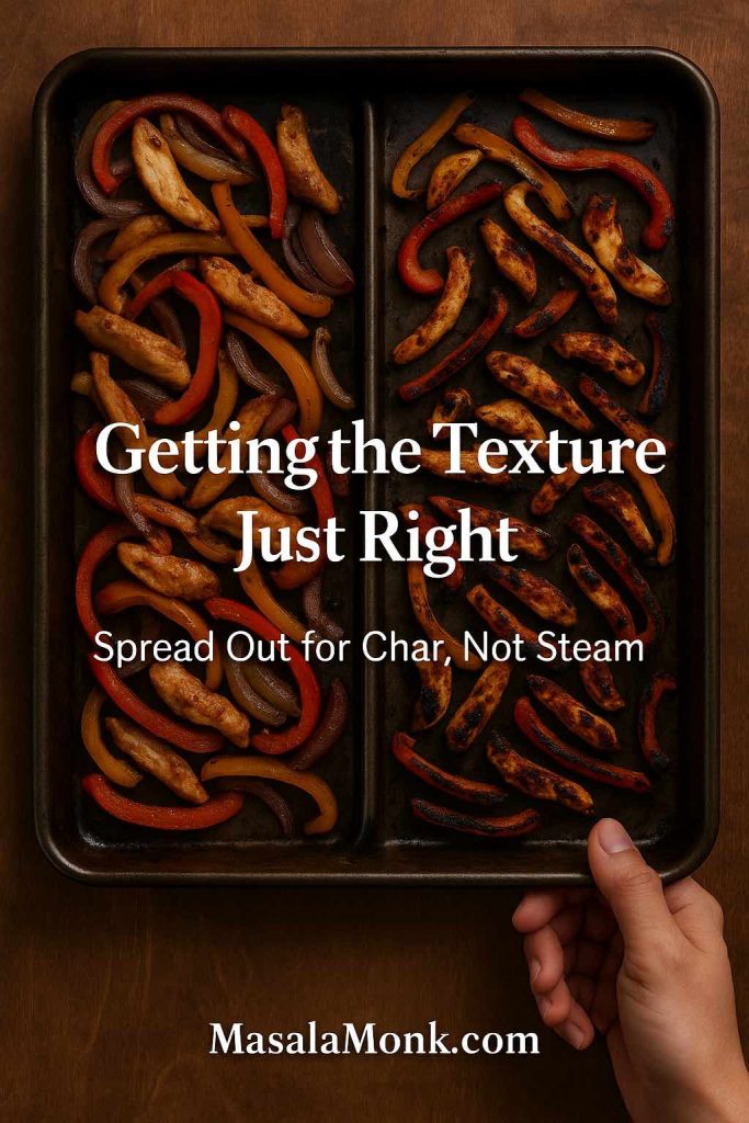 Sheet pan of chicken fajitas divided in half, with crowded pieces on one side and well-spaced, deeply browned chicken and peppers on the other to show how spreading out gives better char.