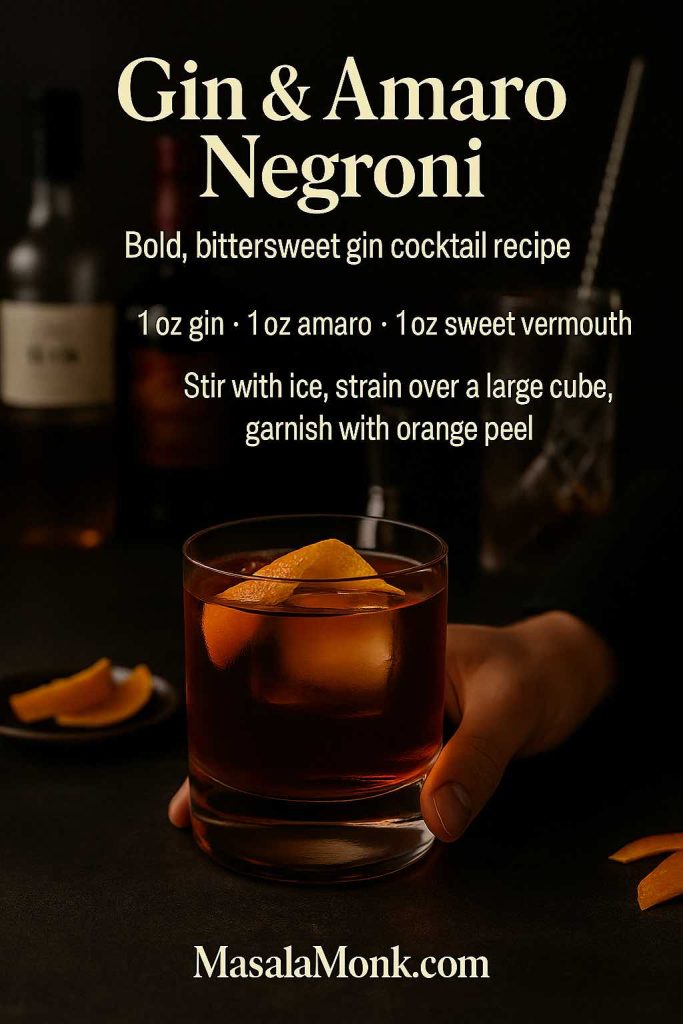 Gin & Amaro Negroni cocktail in a short rocks glass over a large clear ice cube with orange peel garnish, hand holding the glass on a dark bar with blurred bottles in the background and mini bittersweet gin cocktail recipe text plus MasalaMonk.com branding