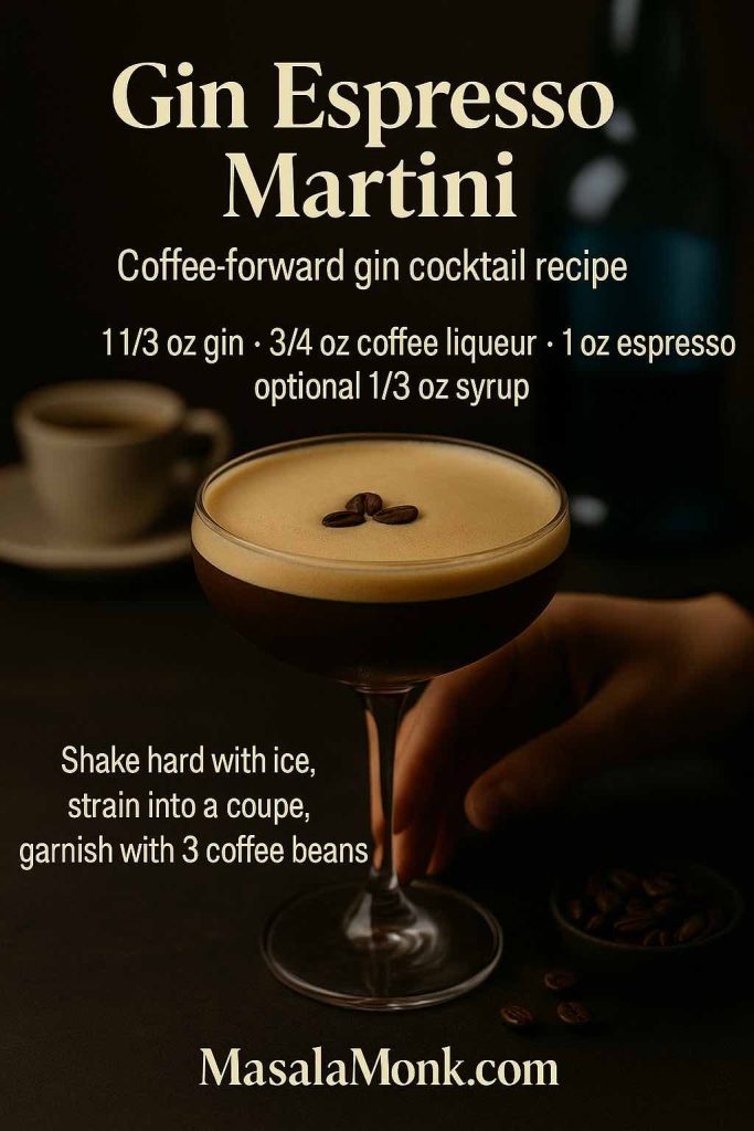 Gin Espresso Martini cocktail in a coupe glass with thick crema and three coffee beans on top, held by a hand on a dark bar with an espresso cup and coffee beans in the background, overlaid with mini gin cocktail recipe text and MasalaMonk.com branding