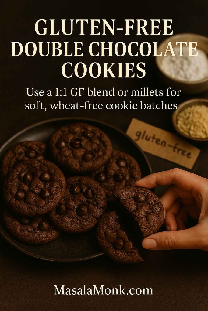 Hand picking up a gluten-free double chocolate cookie from a dark plate of cookies, with bowls of gluten-free flour and millet and a handwritten gluten-free label in the background.