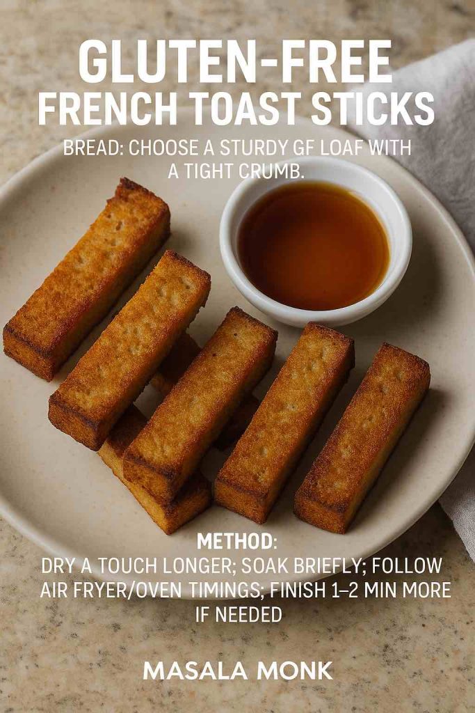 Gluten-free French toast sticks on a stoneware plate with a maple-syrup ramekin—golden, crisp edges and tender centers; MasalaMonk recipe card.