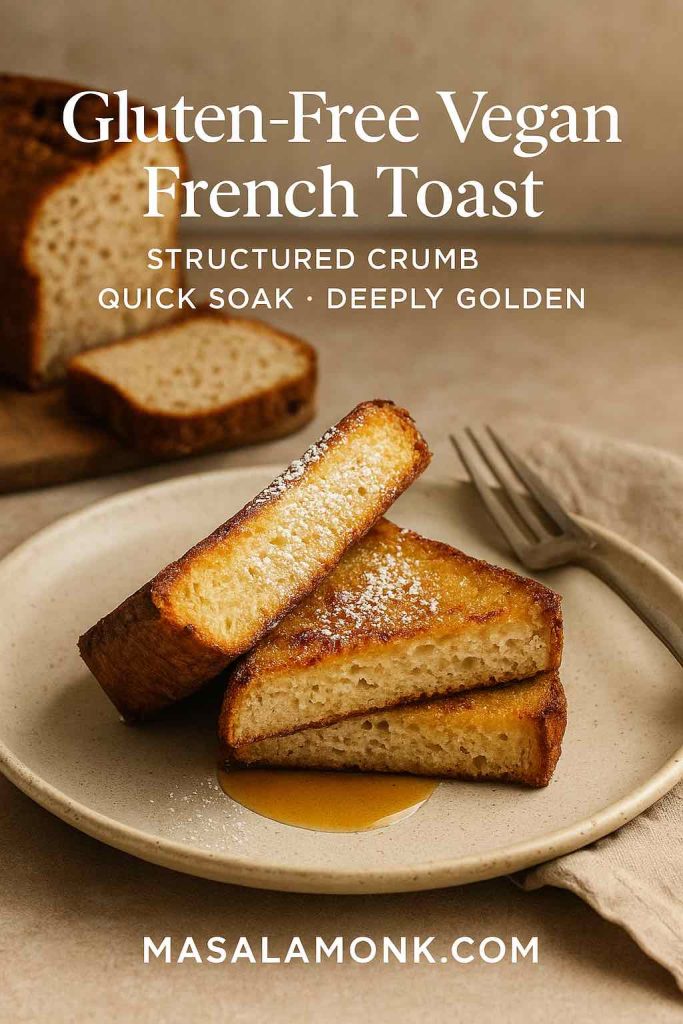 Crisp gluten-free vegan french toast with powdered sugar on a stone counter; gluten-free loaf blurred in the background.