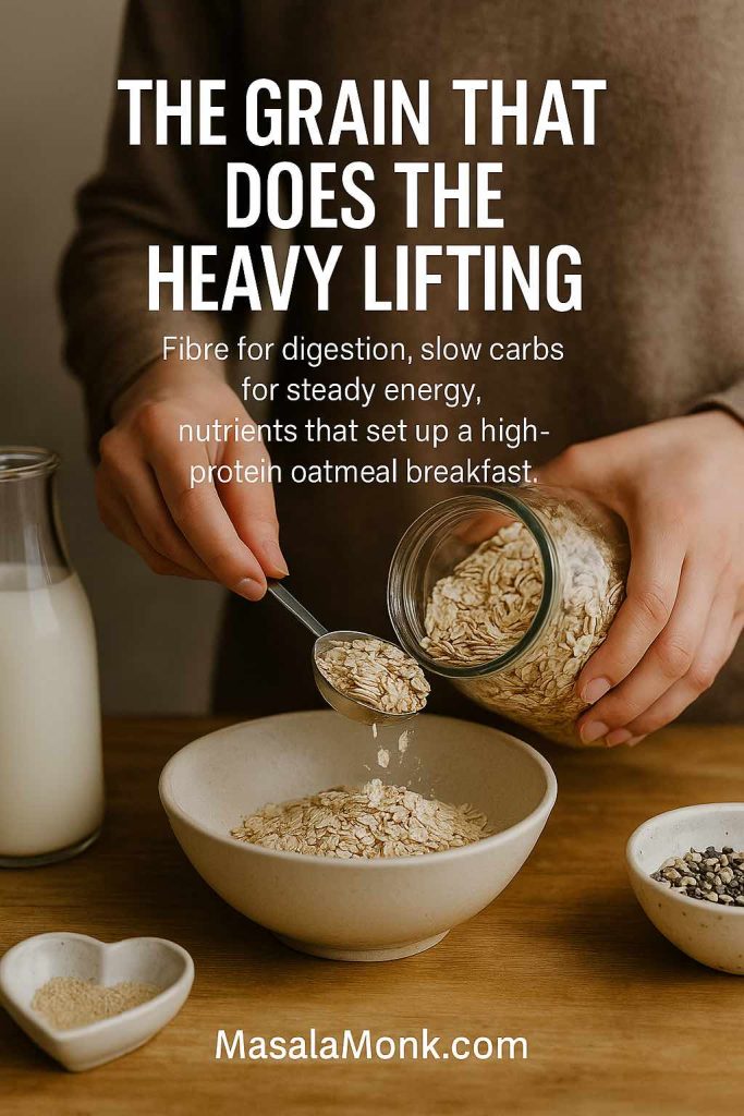 Person scooping rolled oats from a glass jar into a bowl on a wooden table with milk and a heart-shaped dish, illustrating oats as a nutrient-dense breakfast base.