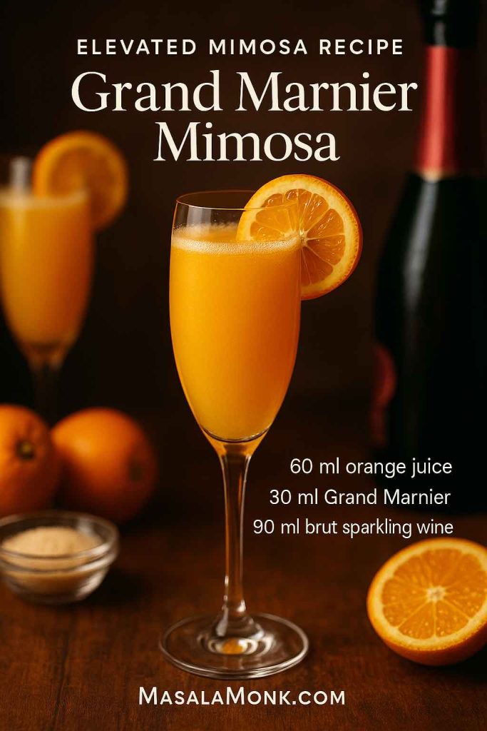 Grand Marnier mimosa recipe card with an elegant Champagne flute filled with a golden orange cocktail made from 60 ml orange juice, 30 ml Grand Marnier and 90 ml brut sparkling wine, MasalaMonk.com branding.