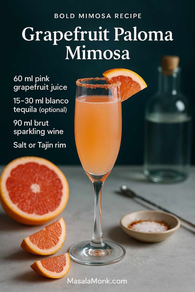 Grapefruit Paloma mimosa recipe card with a pale pink Champagne flute cocktail made from 60 ml pink grapefruit juice, 90 ml brut sparkling wine and optional 15–30 ml tequila, served with a salted Tajín rim and grapefruit wedge on a modern brunch table, MasalaMonk.com branding.