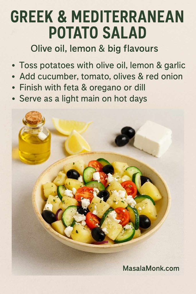 Recipe card showing a bowl of Greek and Mediterranean potato salad with potatoes, cucumber, cherry tomatoes, black olives and feta, plus tips to toss potatoes with olive oil, lemon and garlic, add fresh vegetables and finish with feta and herbs for a light main dish on hot days.