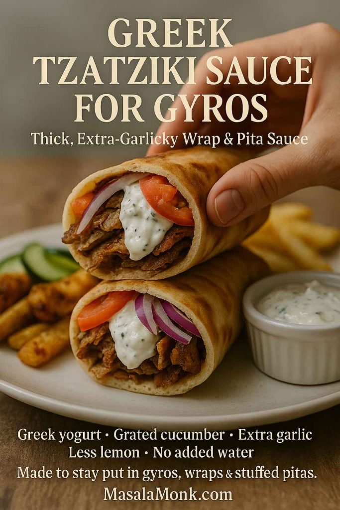 High-resolution photo of a gyro wrap cut in half and stacked, filled with seasoned meat, tomato and red onion, with thick Greek tzatziki sauce visible inside, a hand holding the top half and a small ramekin of extra tzatziki on the side.