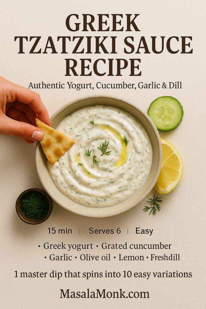 Recipe card showing a bowl of authentic Greek tzatziki sauce made with Greek yogurt, grated cucumber, garlic, olive oil, lemon and dill, with a hand dipping warm pita into the creamy dip on a beige background.