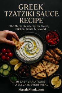 Greek tzatziki sauce recipe served in a black bowl at the center of a mezze platter, with a hand dipping warm pita into the creamy yogurt and cucumber dip surrounded by grilled chicken, olives, tomatoes, cucumber and lemon wedges.