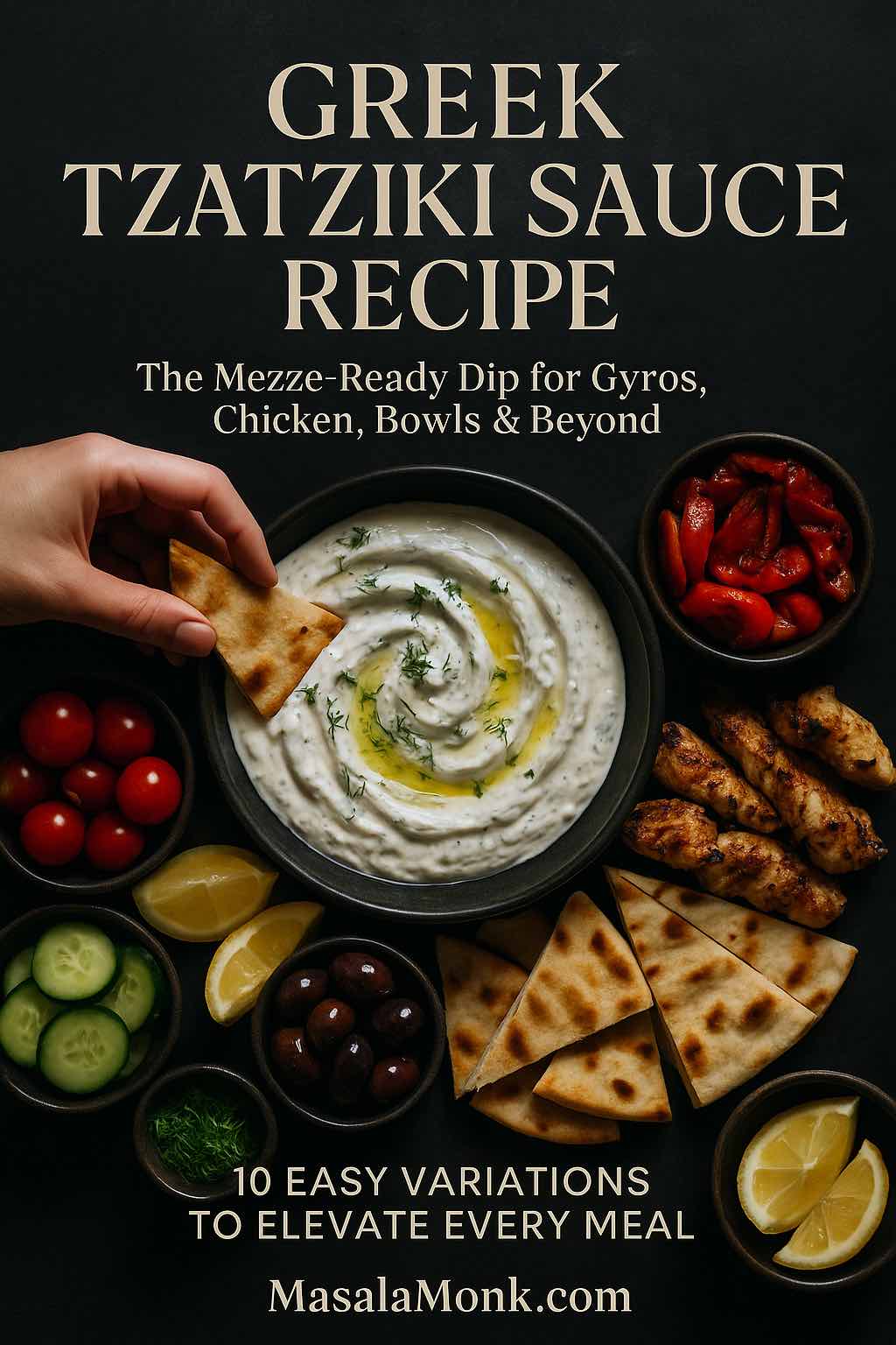 Greek tzatziki sauce recipe served in a black bowl at the center of a mezze platter, with a hand dipping warm pita into the creamy yogurt and cucumber dip surrounded by grilled chicken, olives, tomatoes, cucumber and lemon wedges.