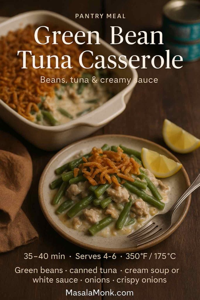 Green bean tuna casserole in a white baking dish with a plated serving showing green beans, tuna and creamy sauce topped with crispy onions, with text overlay describing it as a pantry meal and MasalaMonk.com branding.