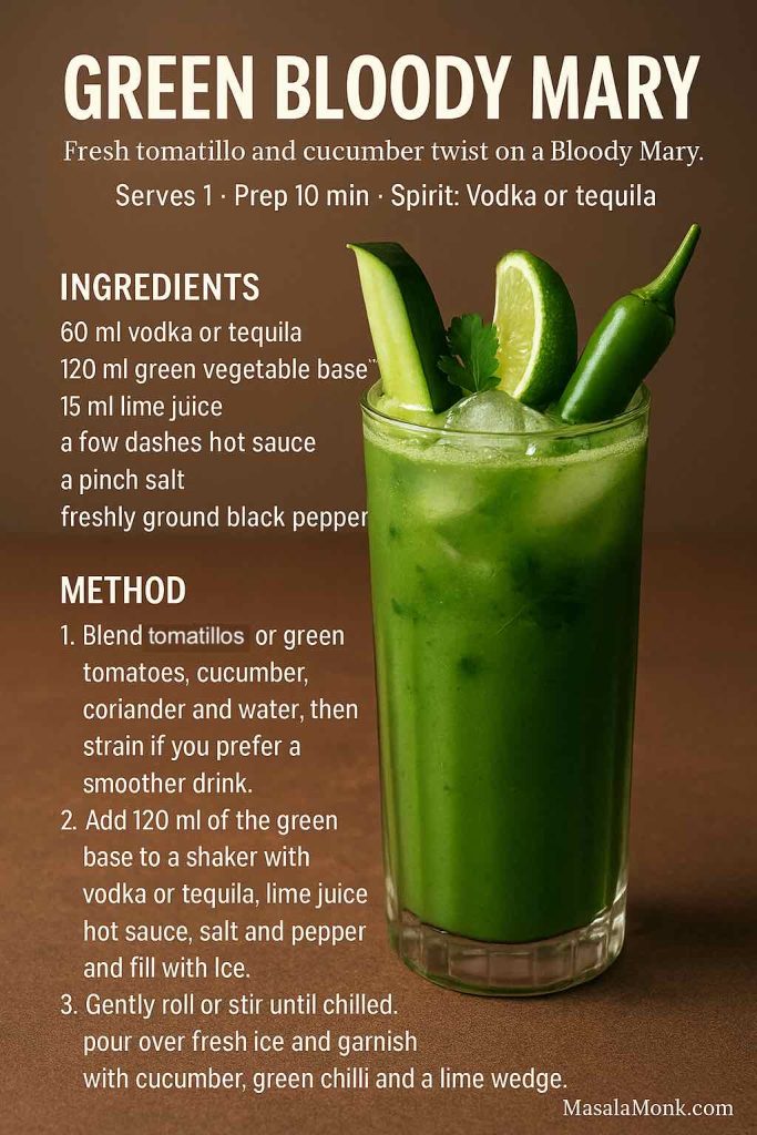 Green Bloody Mary cocktail recipe card with a tall green tomatillo and cucumber drink garnished with lime, cucumber spear and green chilli on a brown background, MasalaMonk.com