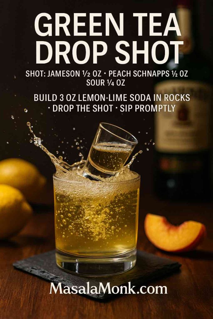 Image showing a green tea drop shot—mixed shot dropped into a rocks glass of lemon-lime soda; elegant bar props; MasalaMonk.com footer.