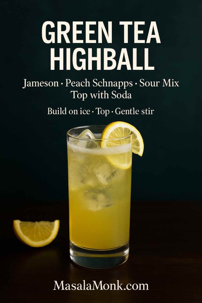 Image of a Green Tea Highball made with Jameson, peach schnapps, sour mix, and soda; tall glass with ice and lemon wheel; MasalaMonk.com footer.