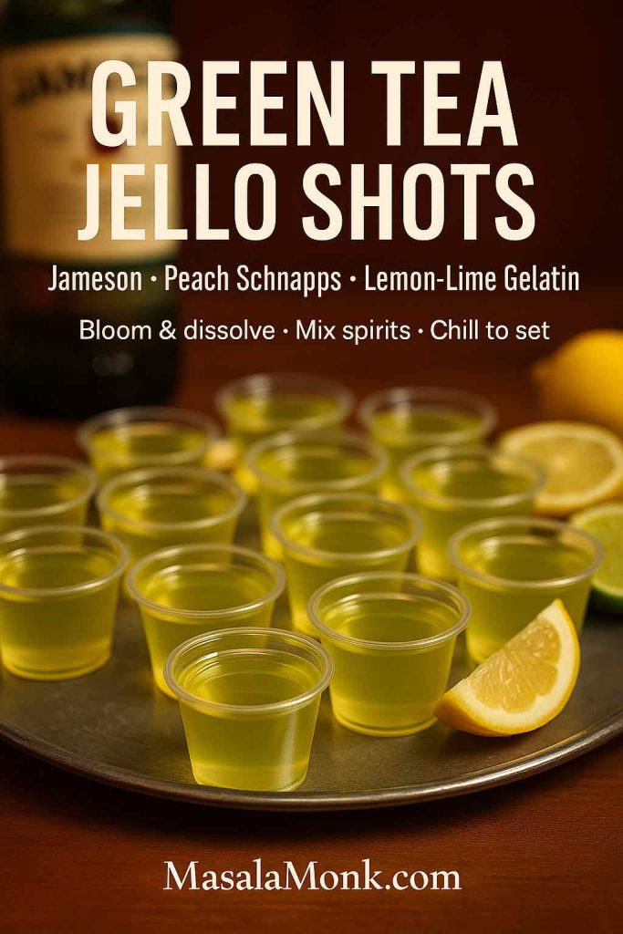 Tray of Green Tea Jello Shots made with Jameson, peach schnapps, and lemon-lime gelatin; glossy set cubes with citrus accents; MasalaMonk.com footer