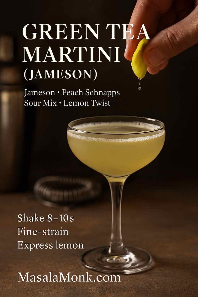 Recipe card of a Green Tea Martini made with Jameson, peach schnapps, and sour mix, served in a chilled coupe with a lemon twist; elegant bar props and MasalaMonk.com footer
