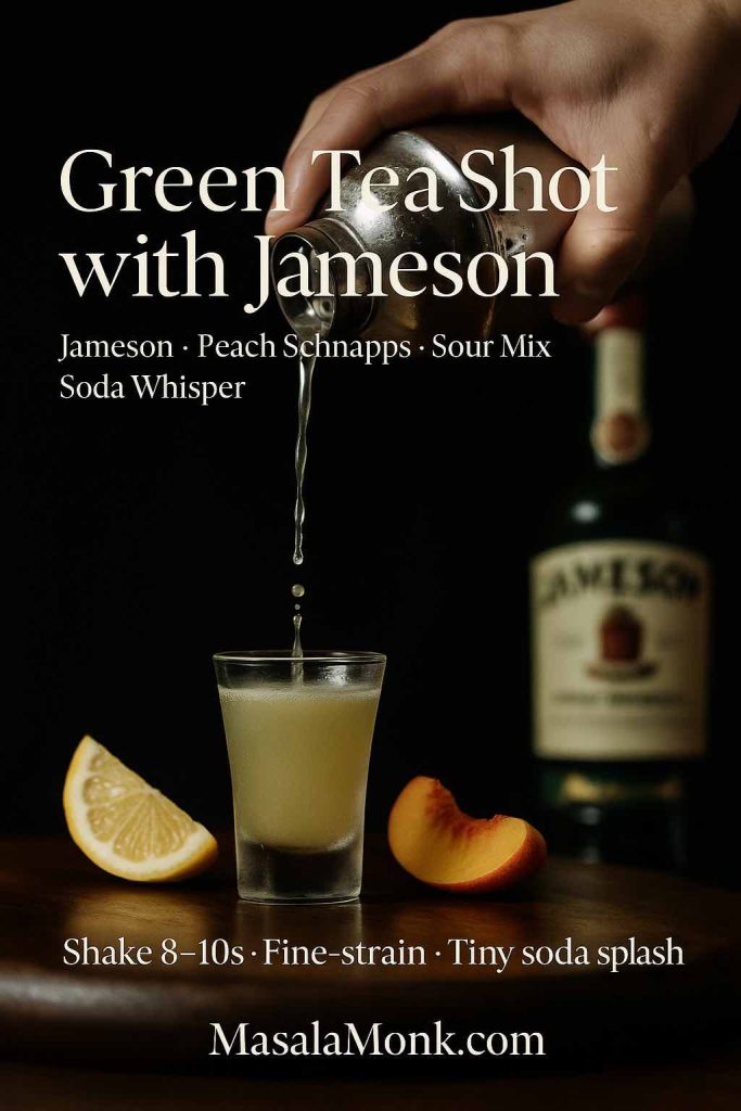 Magazine-style recipe card of a bartender pouring a classic green tea shot with Jameson, peach schnapps, sour mix, and a tiny lemon-lime soda splash; elegant bar props and MasalaMonk.com footer