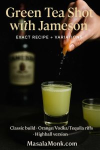 Premium magazine-style cover showing a bartender pouring a green tea shot with Jameson, peach schnapps, and lemon-lime soda, styled with elegant bar props