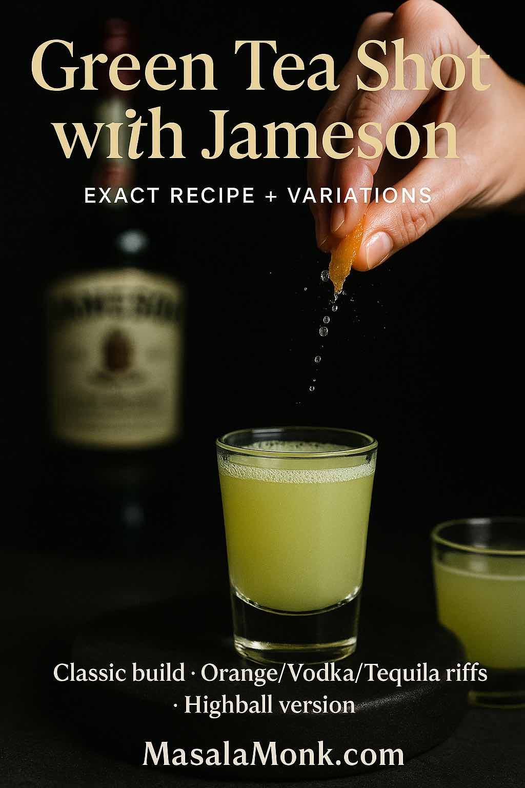 Premium magazine-style cover showing a bartender pouring a green tea shot with Jameson, peach schnapps, and lemon-lime soda, styled with elegant bar props