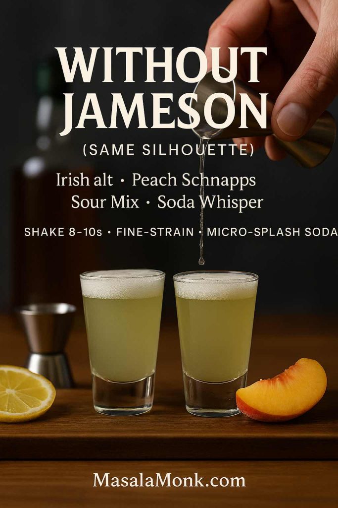 Photo-real magazine-style recipe card showing a green tea shot made without Jameson—using an Irish whiskey alternative—plus peach schnapps, sour mix, and a tiny soda splash; elegant bar props and MasalaMonk.com footer.