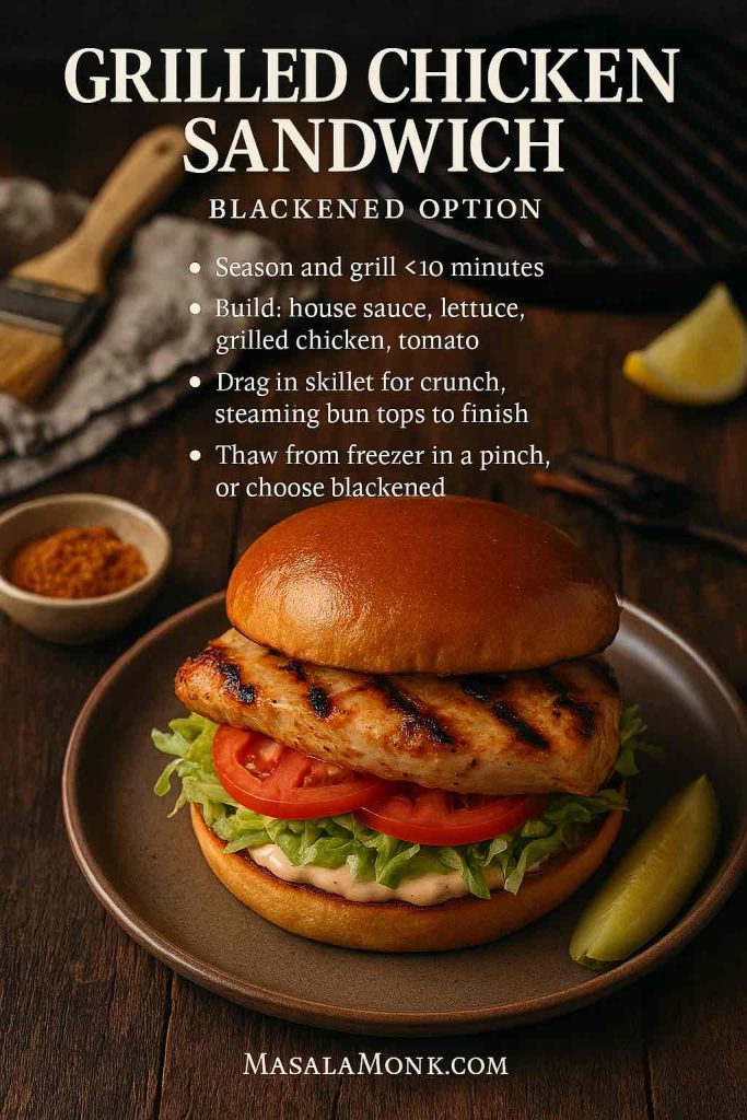 Grilled chicken sandwich on brioche with lettuce, tomato and house sauce; blackened seasoning option—MasalaMonk recipe card.
