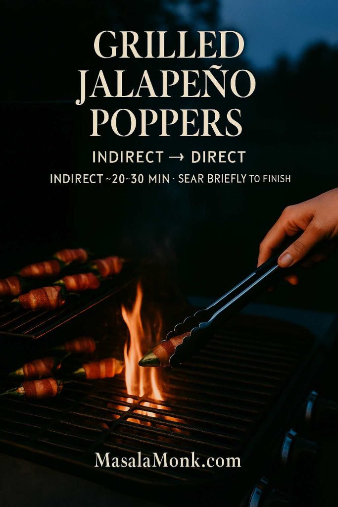 Tongs moving jalapeño popper on a grill from indirect heat toward flames—grill 20–30 min, then sear briefly to finish