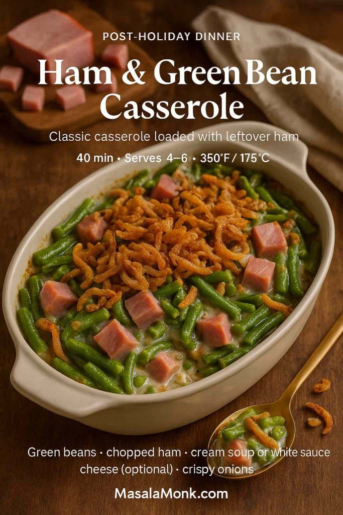 Ham and green bean casserole in an oval white baking dish with chunks of ham, green beans and creamy sauce topped with crispy onions, with text overlay calling it a post-holiday dinner and MasalaMonk.com branding.