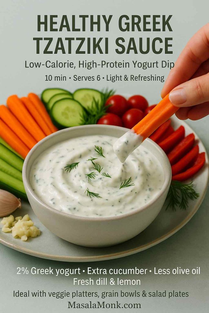Side view of a bowl of healthy Greek tzatziki sauce made with 2 percent Greek yogurt, extra cucumber and fresh dill, with a hand dipping a carrot stick into the creamy dip, surrounded by cucumber slices, cherry tomatoes and pepper strips on a light plate.