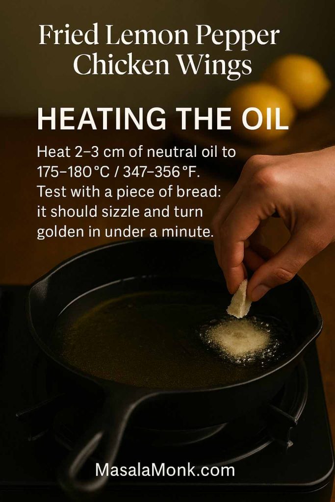 Portrait image of a cast iron skillet filled with hot oil on the stove, with a hand dipping a small piece of bread in to test the temperature, and text overlay titled Heating the Oil for fried lemon pepper wings.