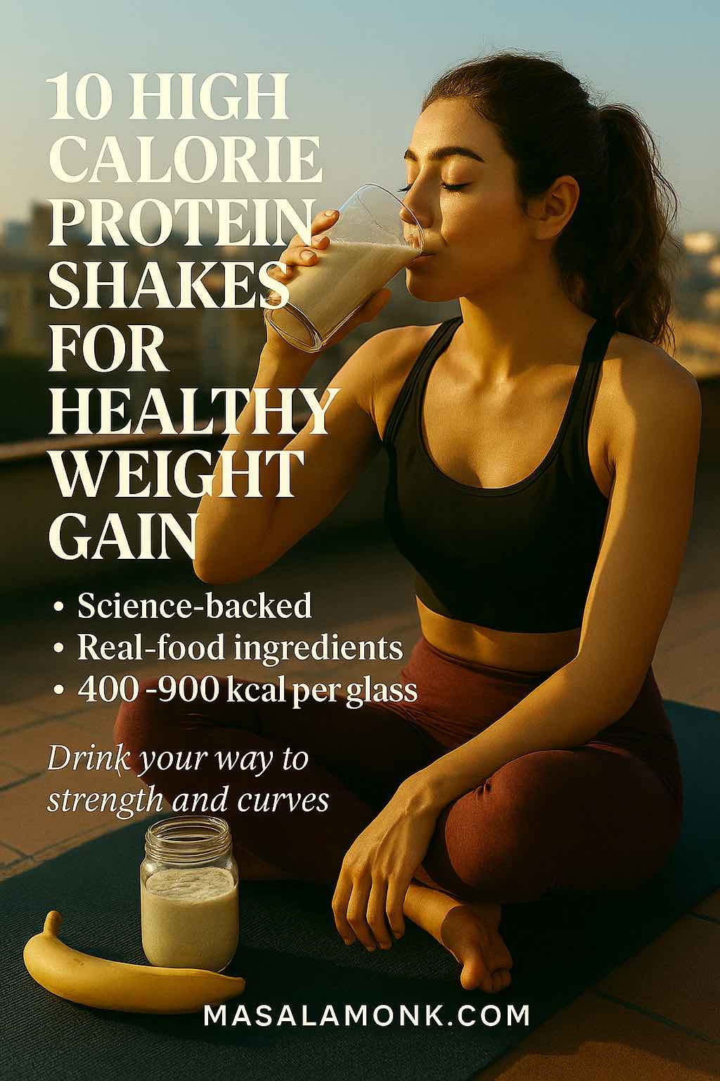 Woman drinking a high calorie protein shake on a rooftop at sunset, promoting 10 high calorie protein shakes for healthy weight gain and bulking.