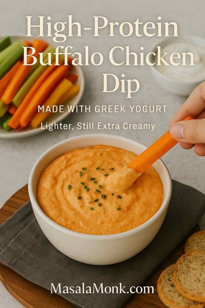 Hand dipping a carrot stick into high-protein buffalo chicken dip made with Greek yogurt, served with veggie sticks and toasted bread.
