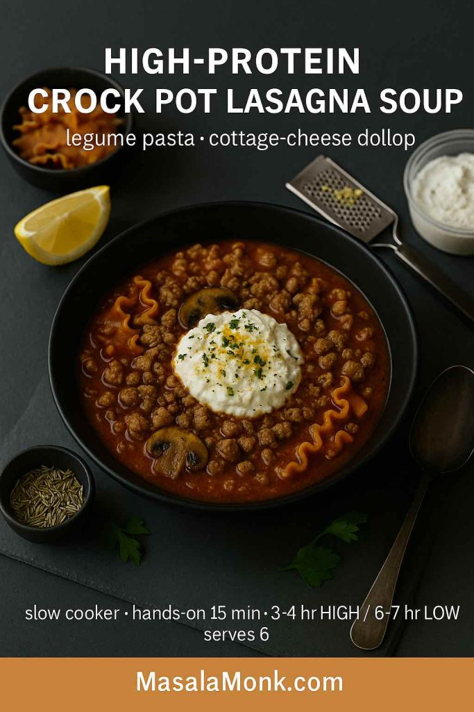 High-protein lasagna soup in a matte black bowl with red-lentil pasta, lean turkey, and a whipped cottage-cheese dollop with lemon zest.