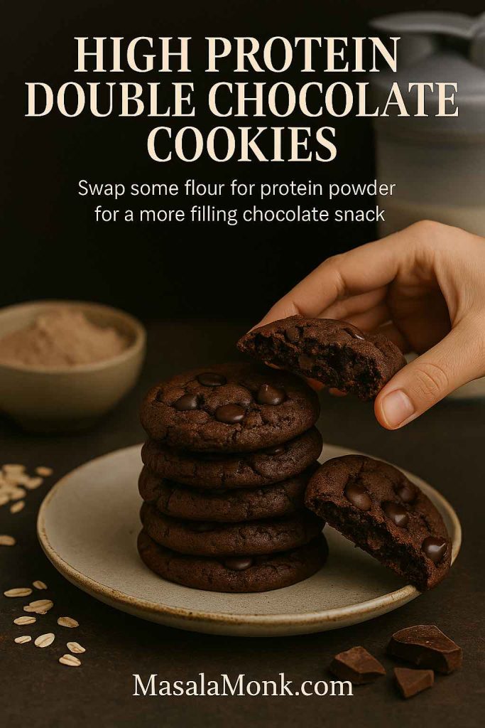 Hand lifting a high protein double chocolate cookie from a stack on a plate, with a bowl of chocolate protein powder, scattered oats and a shaker bottle in the background.